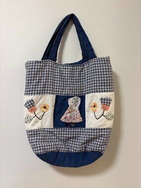 HANDMADE Blue Gingham Floral Tote Bag Quilted Floral Boho Cottagecore Blue